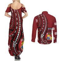 Personalized Tonga Ngatu Couples Matching Summer Maxi Dress and Long Sleeve Button Shirt Iconic Red Manulua Motifs LT7 - Polynesian Pride