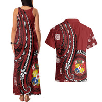 Personalized Tonga Ngatu Couples Matching Tank Maxi Dress and Hawaiian Shirt Iconic Red Manulua Motifs LT7 - Polynesian Pride