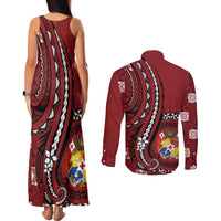 Personalized Tonga Ngatu Couples Matching Tank Maxi Dress and Long Sleeve Button Shirt Iconic Red Manulua Motifs LT7 - Polynesian Pride