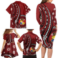 Personalized Tonga Ngatu Family Matching Long Sleeve Bodycon Dress and Hawaiian Shirt Iconic Red Manulua Motifs