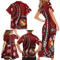 Personalized Tonga Ngatu Family Matching Short Sleeve Bodycon Dress and Hawaiian Shirt Iconic Red Manulua Motifs