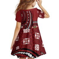 Personalized Tonga Ngatu Kid Short Sleeve Dress Iconic Red Manulua Motifs LT7 - Polynesian Pride