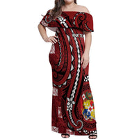 Personalized Tonga Ngatu Off Shoulder Maxi Dress Iconic Red Manulua Motifs