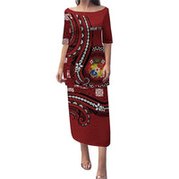 Personalized Tonga Ngatu Puletasi Iconic Red Manulua Motifs LT7 Long Dress Red - Polynesian Pride