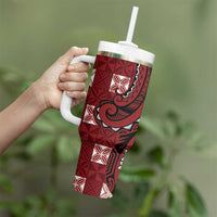 Personalized Tonga Ngatu Tumbler With Handle Iconic Red Manulua Motifs LT7 - Polynesian Pride