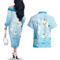 Guam Fishhook Mix Guasali Flowers Couples Matching Off The Shoulder Long Sleeve Dress and Hawaiian Shirt Dreaming Turquoise