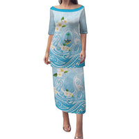 Guam Fishhook Mix Guasali Flowers Puletasi Dreaming Turquoise LT7 Long Dress Turquoise - Polynesian Pride