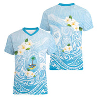 Guam Fishhook Mix Guasali Flowers Women V-Neck T-Shirt Dreaming Turquoise LT7 - Polynesian Pride