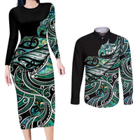 Maori Matariki - Manaia Couples Matching Long Sleeve Bodycon Dress and Long Sleeve Button Shirt Emerald Paua Shell LT7 Green - Polynesian Pride