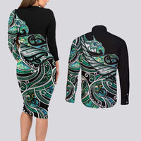 Maori Matariki - Manaia Couples Matching Long Sleeve Bodycon Dress and Long Sleeve Button Shirt Emerald Paua Shell LT7 - Polynesian Pride