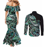 Maori Matariki - Manaia Couples Matching Mermaid Dress and Long Sleeve Button Shirt Emerald Paua Shell LT7 - Polynesian Pride
