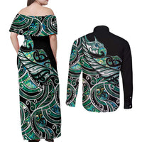 Maori Matariki - Manaia Couples Matching Off Shoulder Maxi Dress and Long Sleeve Button Shirt Emerald Paua Shell LT7 - Polynesian Pride