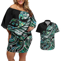 Maori Matariki - Manaia Couples Matching Off Shoulder Short Dress and Hawaiian Shirt Emerald Paua Shell