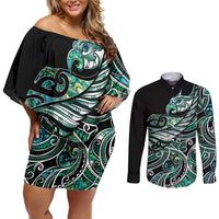 Maori Matariki - Manaia Couples Matching Off Shoulder Short Dress and Long Sleeve Button Shirt Emerald Paua Shell LT7 Green - Polynesian Pride