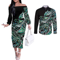 Maori Matariki - Manaia Couples Matching Off The Shoulder Long Sleeve Dress and Long Sleeve Button Shirt Emerald Paua Shell LT7 Green - Polynesian Pride