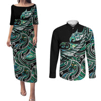 Maori Matariki - Manaia Couples Matching Puletasi and Long Sleeve Button Shirt Emerald Paua Shell LT7 Green - Polynesian Pride