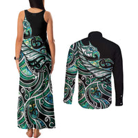 Maori Matariki - Manaia Couples Matching Tank Maxi Dress and Long Sleeve Button Shirt Emerald Paua Shell LT7 - Polynesian Pride