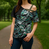 Maori Matariki - Manaia Cross Shoulder Shirt Emerald Paua Shell LT7 - Polynesian Pride