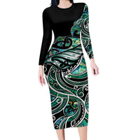 Maori Matariki - Manaia Family Matching Long Sleeve Bodycon Dress and Hawaiian Shirt Emerald Paua Shell