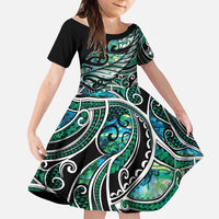 Maori Matariki - Manaia Family Matching Puletasi and Hawaiian Shirt Emerald Paua Shell LT7 Daughter's Dress Green - Polynesian Pride