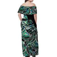 Maori Matariki - Manaia Off Shoulder Maxi Dress Emerald Paua Shell LT7 - Polynesian Pride