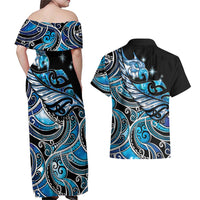 Maori Matariki - Manaia Couples Matching Off Shoulder Maxi Dress and Hawaiian Shirt Galaxy Blue Paua Shell LT7 - Polynesian Pride