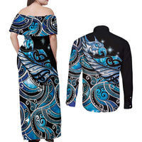 Maori Matariki - Manaia Couples Matching Off Shoulder Maxi Dress and Long Sleeve Button Shirt Galaxy Blue Paua Shell LT7 - Polynesian Pride