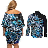 Maori Matariki - Manaia Couples Matching Off Shoulder Short Dress and Long Sleeve Button Shirt Galaxy Blue Paua Shell LT7 - Polynesian Pride