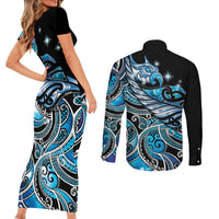 Maori Matariki - Manaia Couples Matching Short Sleeve Bodycon Dress and Long Sleeve Button Shirt Galaxy Blue Paua Shell LT7 - Polynesian Pride
