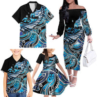 Maori Matariki - Manaia Family Matching Off The Shoulder Long Sleeve Dress and Hawaiian Shirt Galaxy Blue Paua Shell