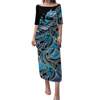 Maori Matariki - Manaia Puletasi Galaxy Blue Paua Shell LT7 Long Dress Blue - Polynesian Pride