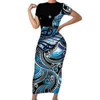 Maori Matariki - Manaia Short Sleeve Bodycon Dress Galaxy Blue Paua Shell LT7 Long Dress Blue - Polynesian Pride