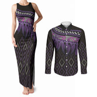 Aotearoa Maori Ngati Porou Iwi Couples Matching Tank Maxi Dress and Long Sleeve Button Shirt Korowai Tukutuku Kaokao Motifs