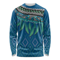 Aotearoa Maori Ngati Kahungunu Iwi Paua Blue Long Sleeve Shirt Korowai Tukutuku Kaokao Motifs