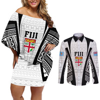 Personalised Fiji Rugby Couples Matching Off Shoulder Short Dress and Long Sleeve Button Shirts 2023 World Cup History Makers - White Ver LT7 White - Polynesian Pride