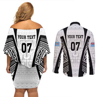 Personalised Fiji Rugby Couples Matching Off Shoulder Short Dress and Long Sleeve Button Shirts 2023 World Cup History Makers - White Ver LT7 - Polynesian Pride