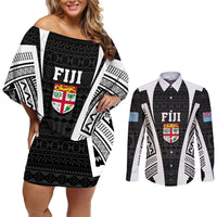 Personalised Fiji Rugby Couples Matching Off Shoulder Short Dress and Long Sleeve Button Shirts 2023 World Cup History Makers - Black Ver LT7 Black - Polynesian Pride