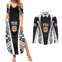 Personalised Fiji Rugby Couples Matching Summer Maxi Dress and Long Sleeve Button Shirts 2023 World Cup History Makers - Black Ver LT7 Black - Polynesian Pride
