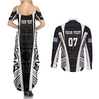 Personalised Fiji Rugby Couples Matching Summer Maxi Dress and Long Sleeve Button Shirts 2023 World Cup History Makers - Black Ver LT7 - Polynesian Pride