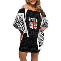 Personalised Fiji Rugby Off Shoulder Short Dress 2023 World Cup History Makers - Black Ver LT7 Women Black - Polynesian Pride