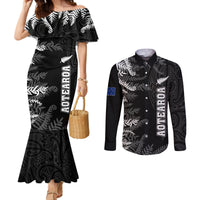 Personalised New Zealand Rugby Couples Matching Mermaid Dress and Long Sleeve Button Shirts Silver Fern Basic 2023 World Cup LT7 Black - Polynesian Pride