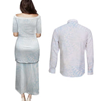 White Sunday Couples Matching Puletasi and Long Sleeve Button Shirt Plumeria Tatau Mix Tapa LT7 - Polynesian Pride