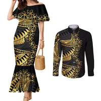 Polynesia Couples Matching Mermaid Dress and Long Sleeve Button Shirt Black & Gold Fancy Plumeria LT7 Black Gold - Polynesian Pride