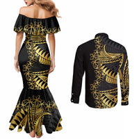 Polynesia Couples Matching Mermaid Dress and Long Sleeve Button Shirt Black & Gold Fancy Plumeria LT7 - Polynesian Pride