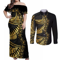 Polynesia Couples Matching Off Shoulder Maxi Dress and Long Sleeve Button Shirt Black & Gold Fancy Plumeria LT7 Black Gold - Polynesian Pride