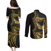 Polynesia Couples Matching Puletasi and Long Sleeve Button Shirt Black & Gold Fancy Plumeria LT7 - Polynesian Pride