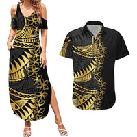 Polynesia Couples Matching Summer Maxi Dress and Hawaiian Shirt Black & Gold Fancy Plumeria LT7 Black Gold - Polynesian Pride