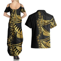 Polynesia Couples Matching Summer Maxi Dress and Hawaiian Shirt Black & Gold Fancy Plumeria LT7 - Polynesian Pride