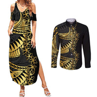 Polynesia Couples Matching Summer Maxi Dress and Long Sleeve Button Shirt Black & Gold Fancy Plumeria LT7 Black Gold - Polynesian Pride