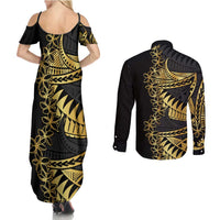 Polynesia Couples Matching Summer Maxi Dress and Long Sleeve Button Shirt Black & Gold Fancy Plumeria LT7 - Polynesian Pride